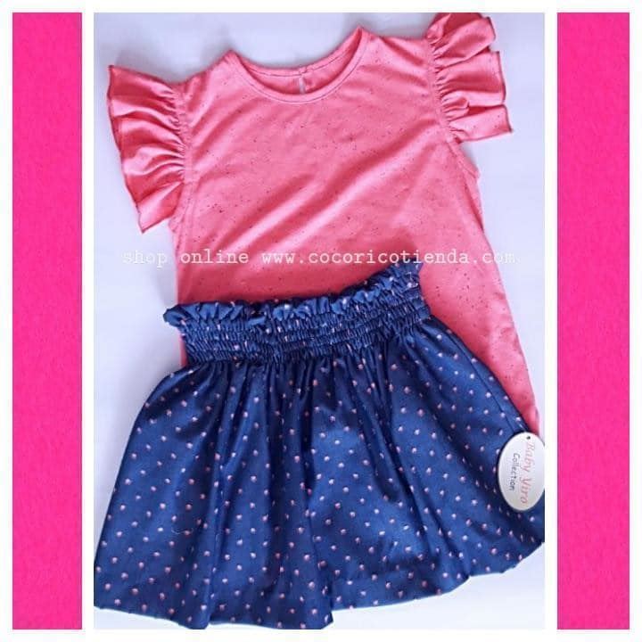 Baby Yiro Conjunto Falda Denim y Camiseta Rosa Fluor - Imagen 1